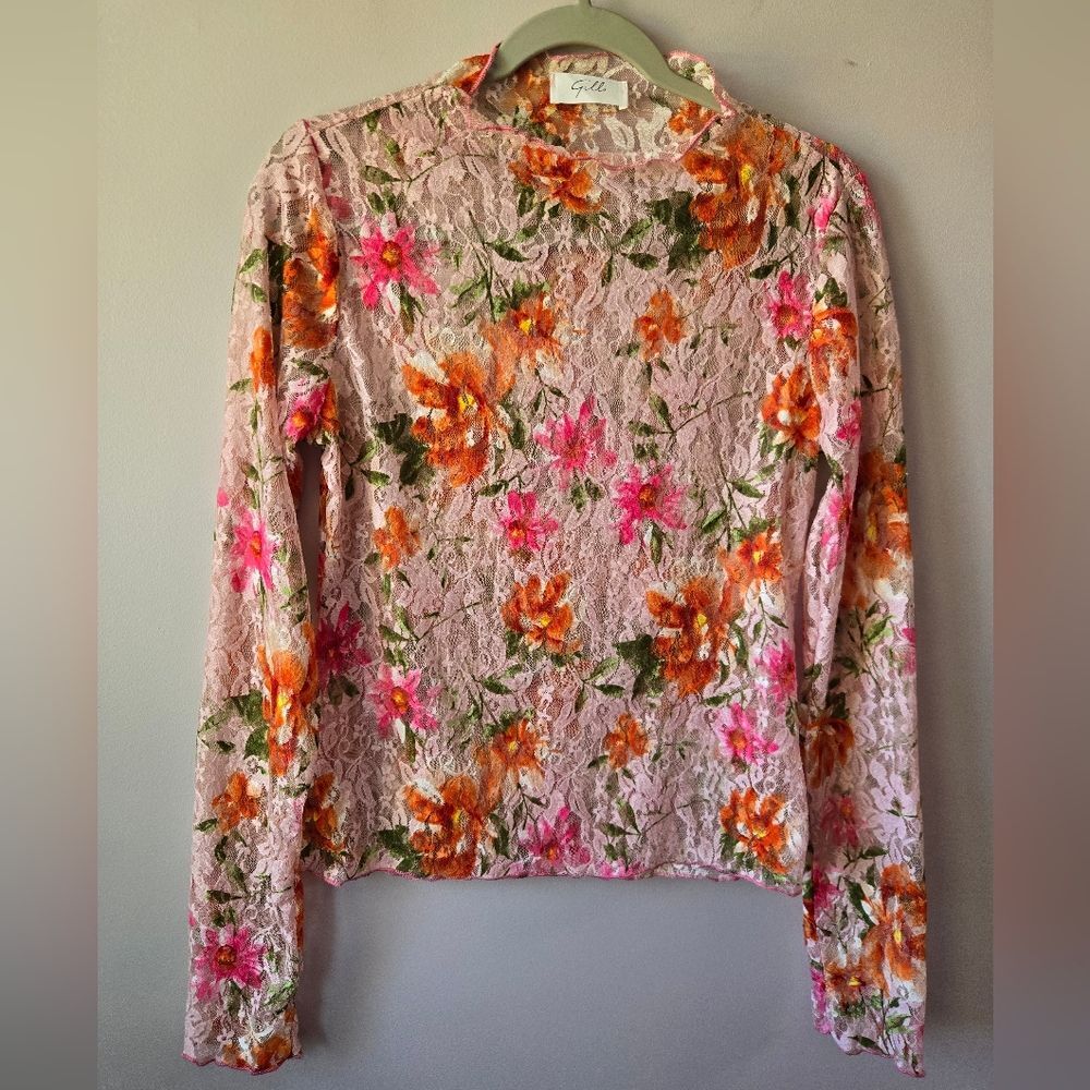 Gilli Floral Lace Sheer Long Sleeve Mock Neck Top m/l